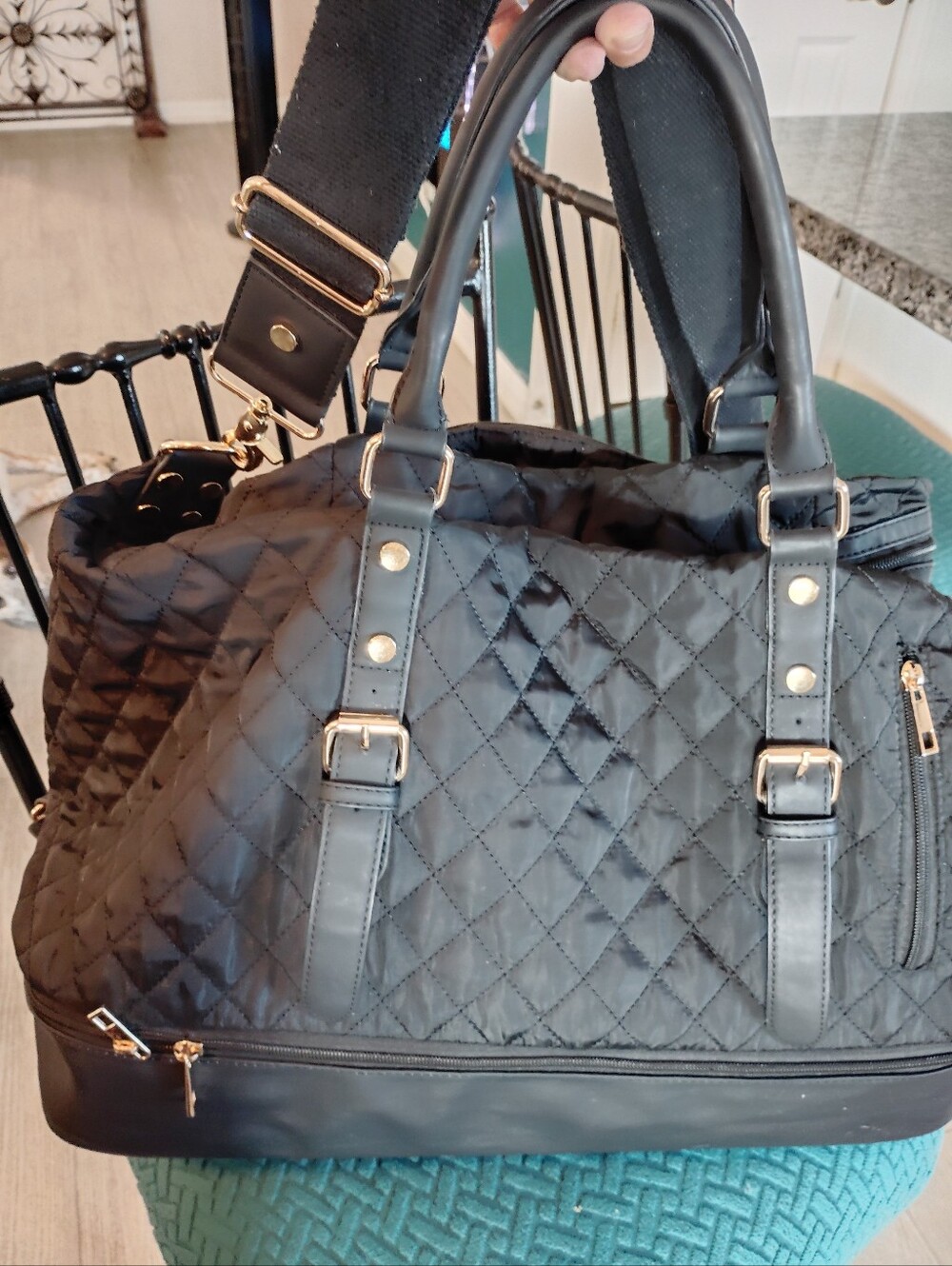 Quilted Black Carryall Tote Bag with Gold Hardware